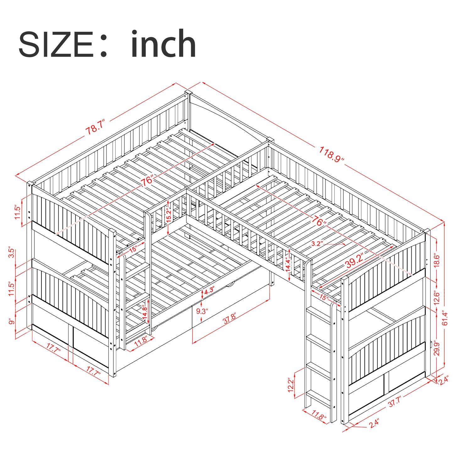 WM Store Twin Size Bunk Bed with a Loft Bed attached, with Two Drawers,Gray