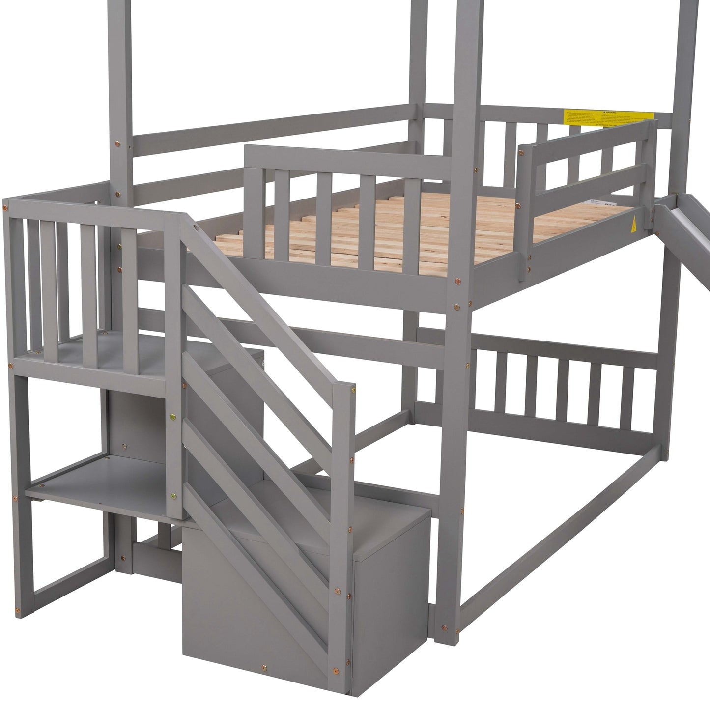 WM Store Twin over Twin House Bunk Bed with Convertible Slide,Storage Staircase can be Placed Left or Right,Gray