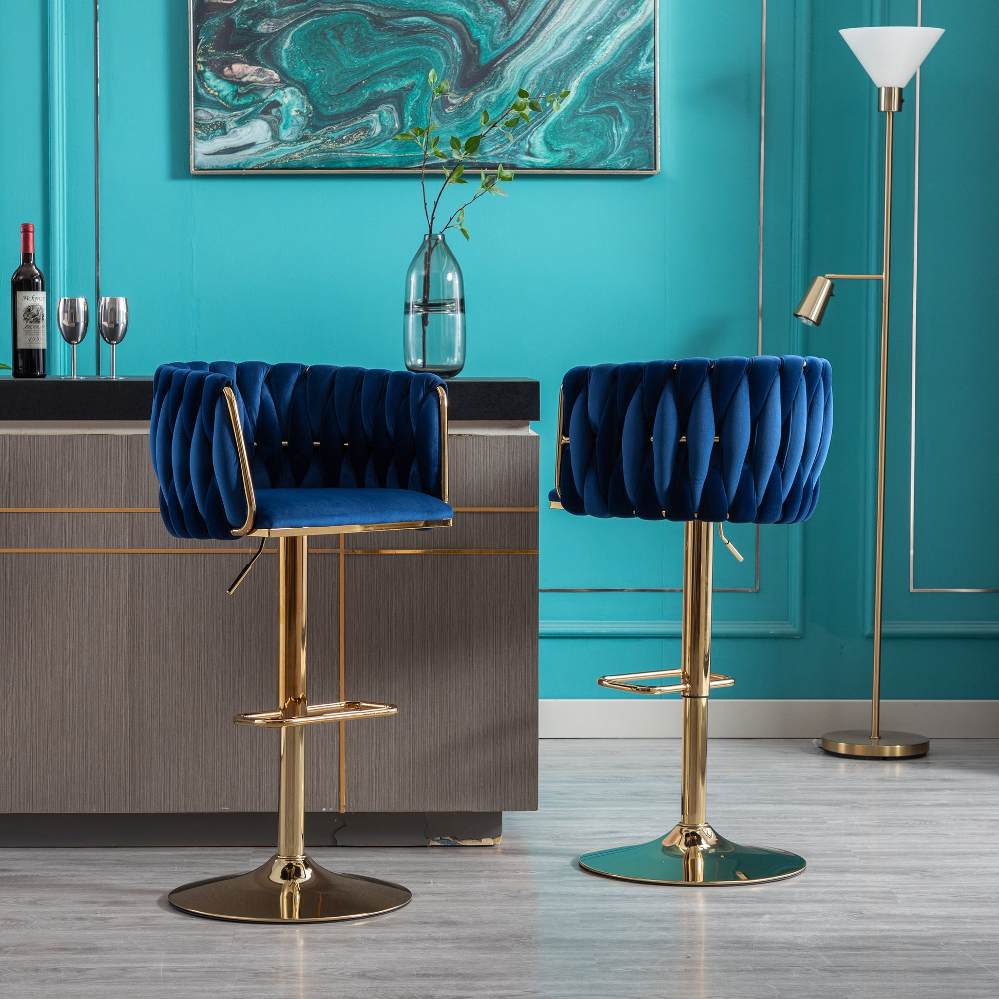 WeeHaa Modern Navy Velvet Adjustable Height Bar Stool Set of 2