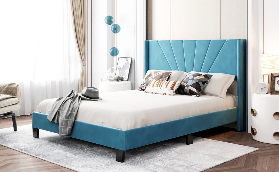 Queen Size Velvet Upholstered Bed - Blue