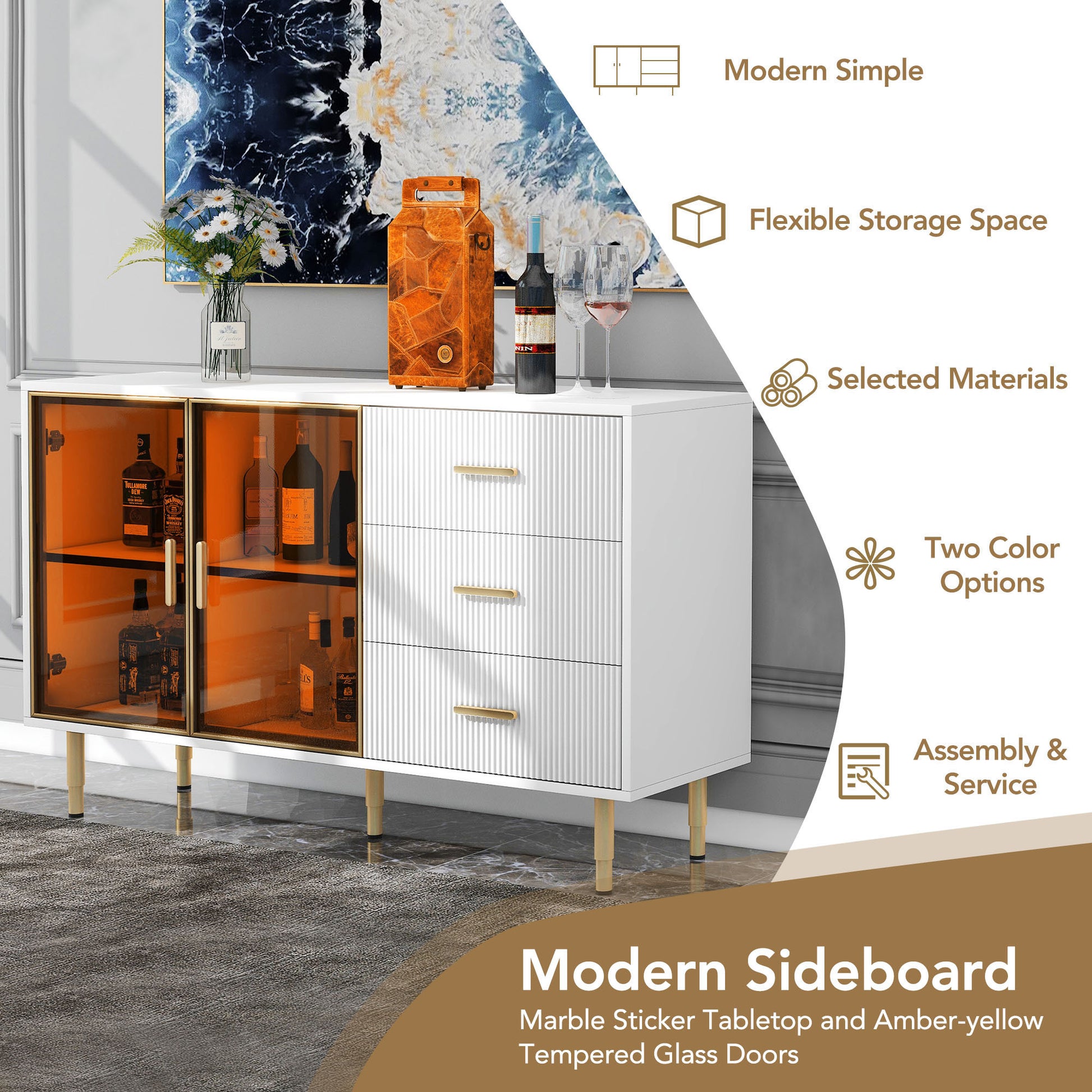 TREXM Modern Sideboard Cabinet Marble Sticker Tabletop and Amber-Yellow Tempered Glass Doors with Gold Metal Legs & Handles White