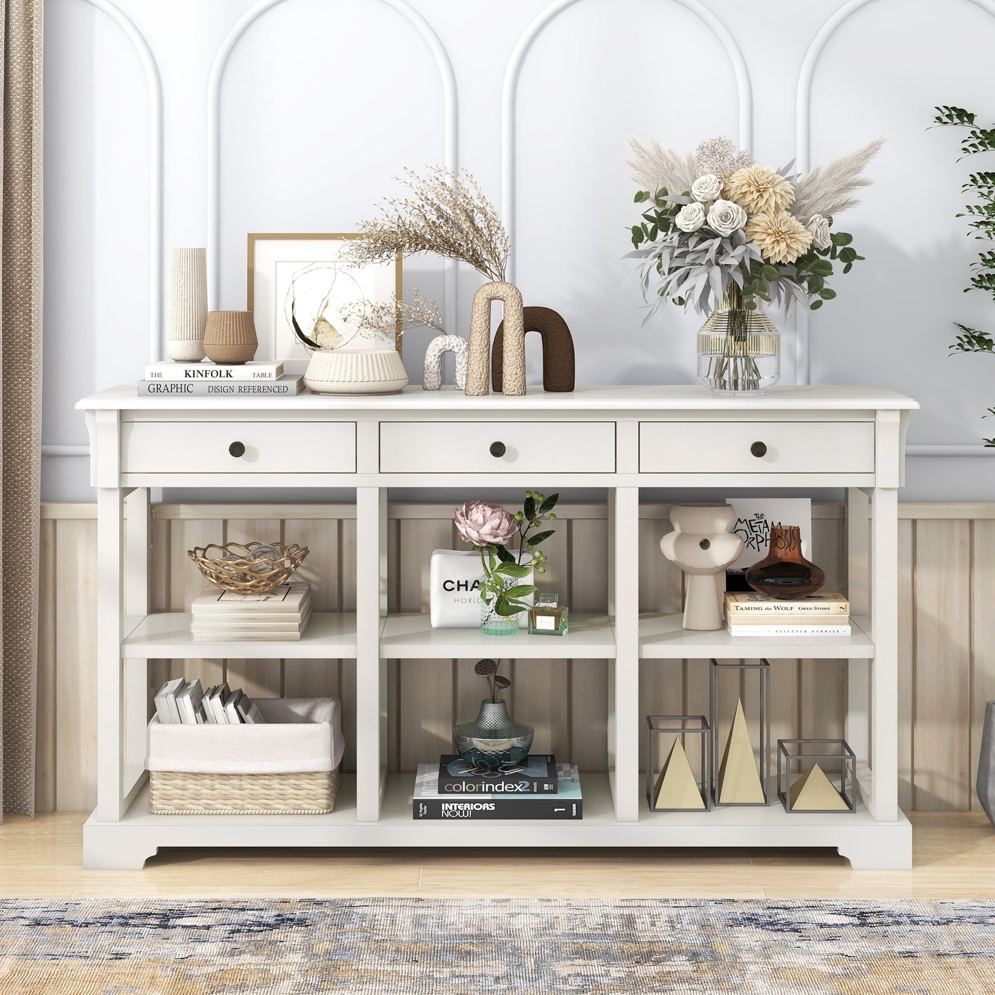 Transitional Console Table with 3 Drawers & Open Shelves - Antique White