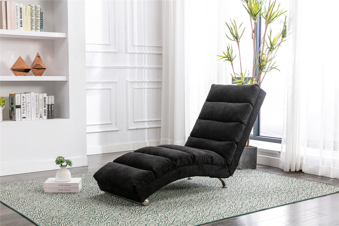 Coolmore Modern Linen Chaise Lounge with Massage Function & Remote in Black