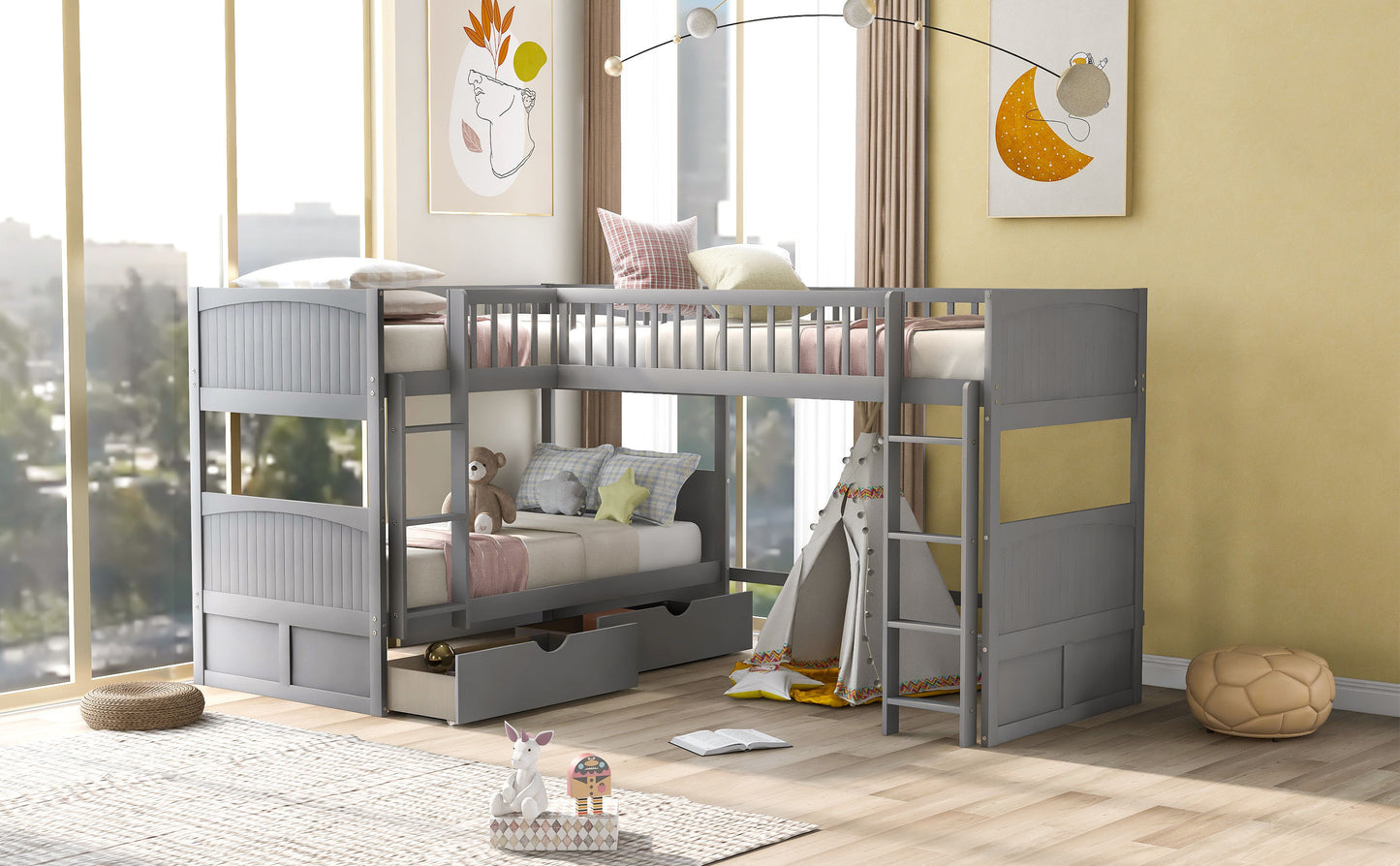 WM Store Twin Size Bunk Bed with a Loft Bed attached, with Two Drawers,Gray