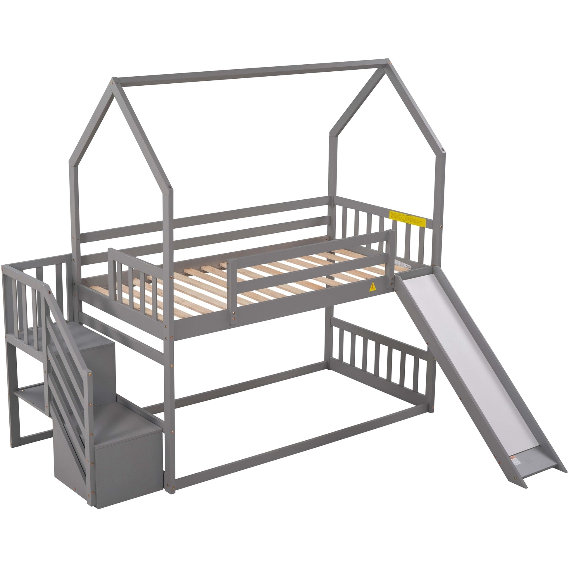 WM Store Twin over Twin House Bunk Bed with Convertible Slide,Storage Staircase can be Placed Left or Right,Gray