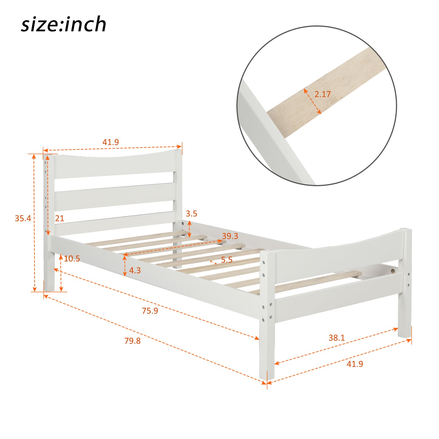 Homey Life Traditional Twin Size Wooden Platform Bed in White