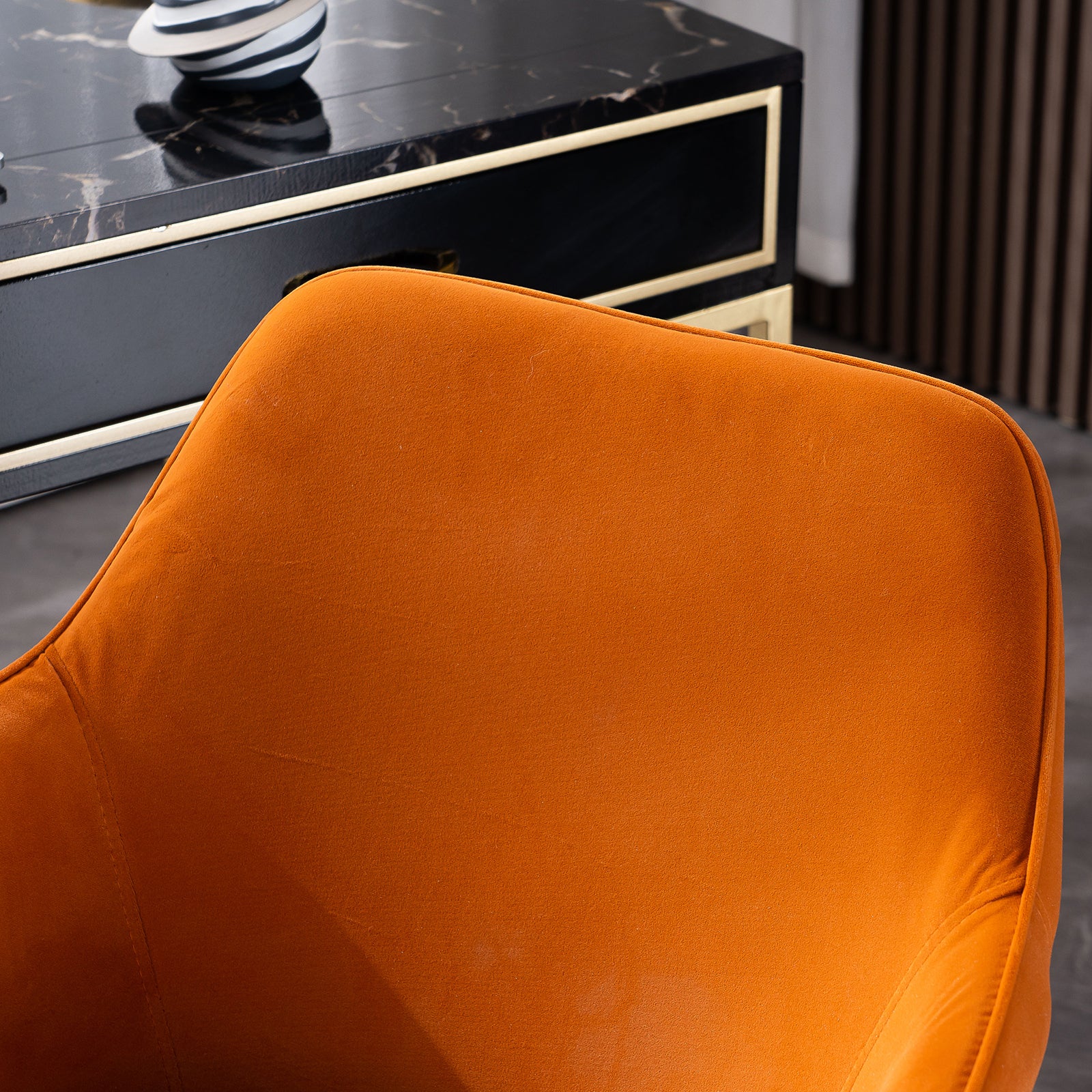 Modern Swivel Office Chair in Orange Velvet with Gold Base