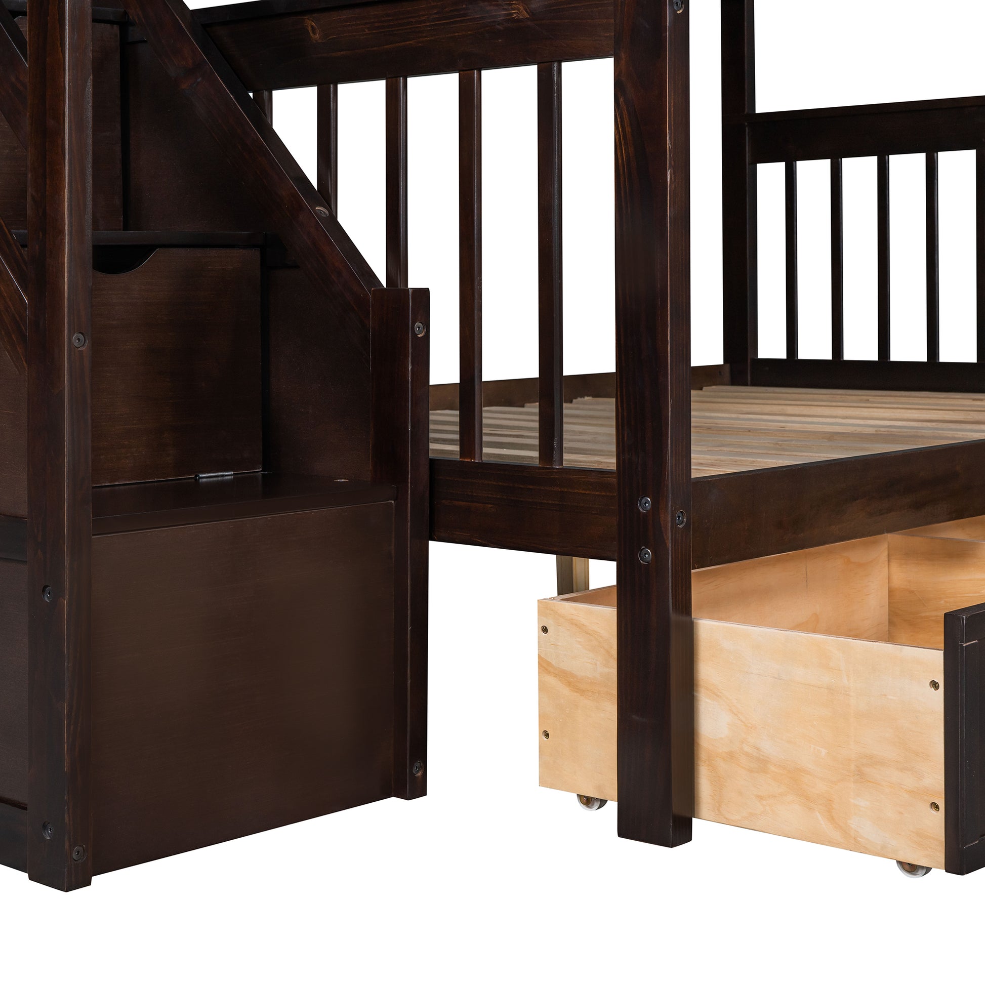 Twin over Full L-Shaped Bunk Bed With 3 Drawers, Ladder and Staircase - Espresso