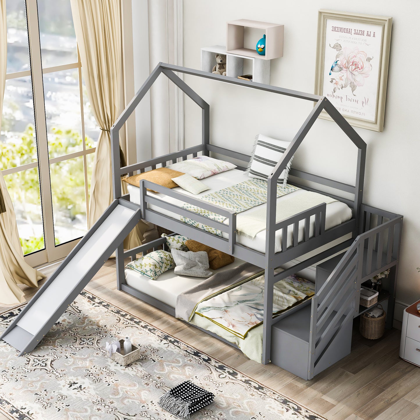 WM Store Twin over Twin House Bunk Bed with Convertible Slide,Storage Staircase can be Placed Left or Right,Gray