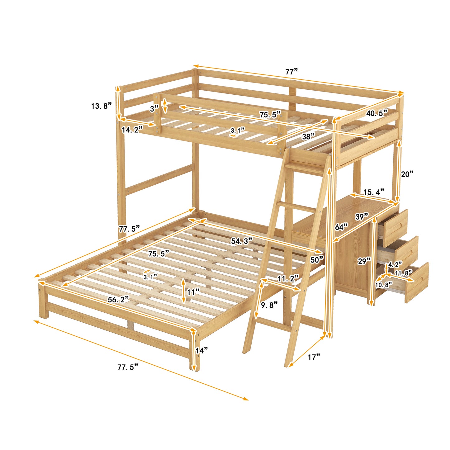 WM Store Twin over Full Bunk Bed with Built-in Desk and Three Drawers,Natural