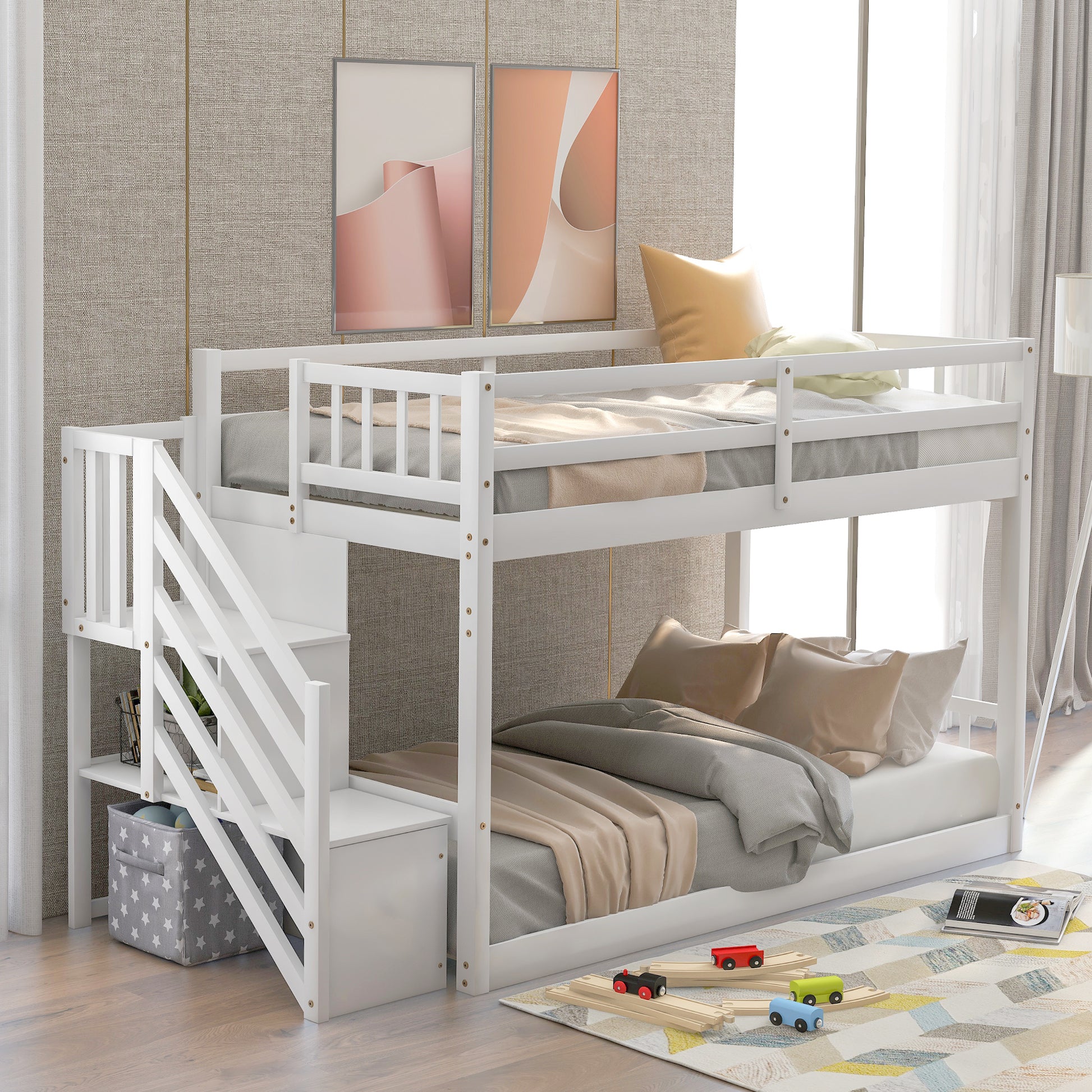 WM Store Twin over Twin Floor Bunk Bed, Ladder with Storage, White