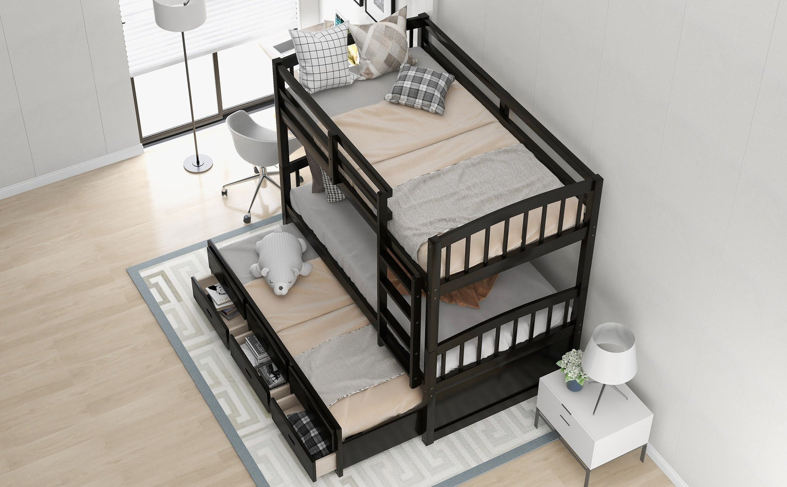 Jensen Twin over Twin Wood Bunk Bed with Trundle and Drawers, Espresso