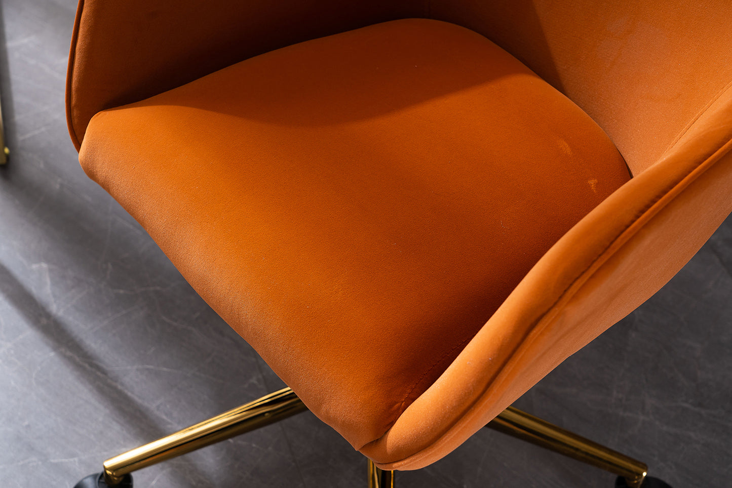 Modern Swivel Office Chair in Orange Velvet with Gold Base