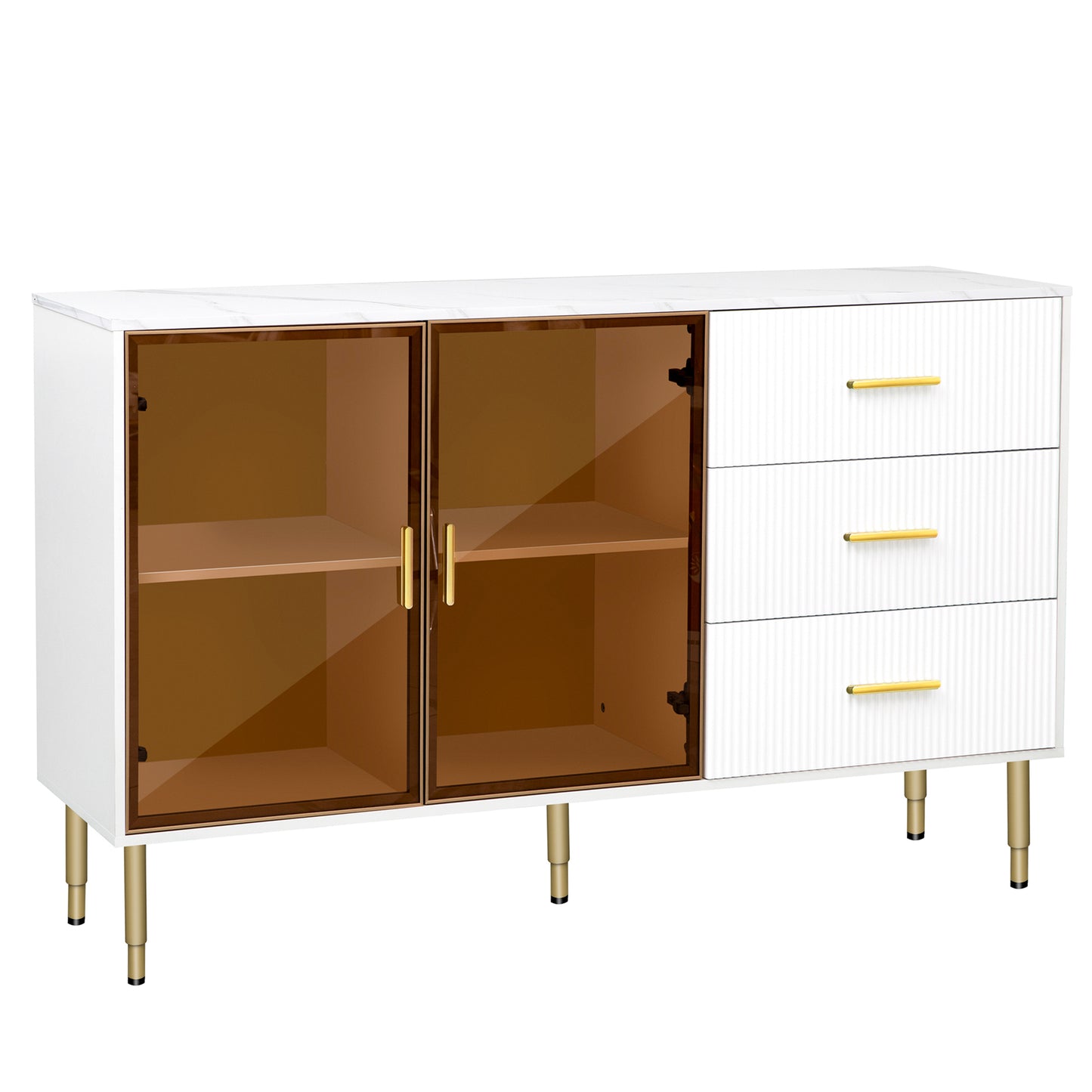 TREXM Modern Sideboard Cabinet Marble Sticker Tabletop and Amber-Yellow Tempered Glass Doors with Gold Metal Legs & Handles White