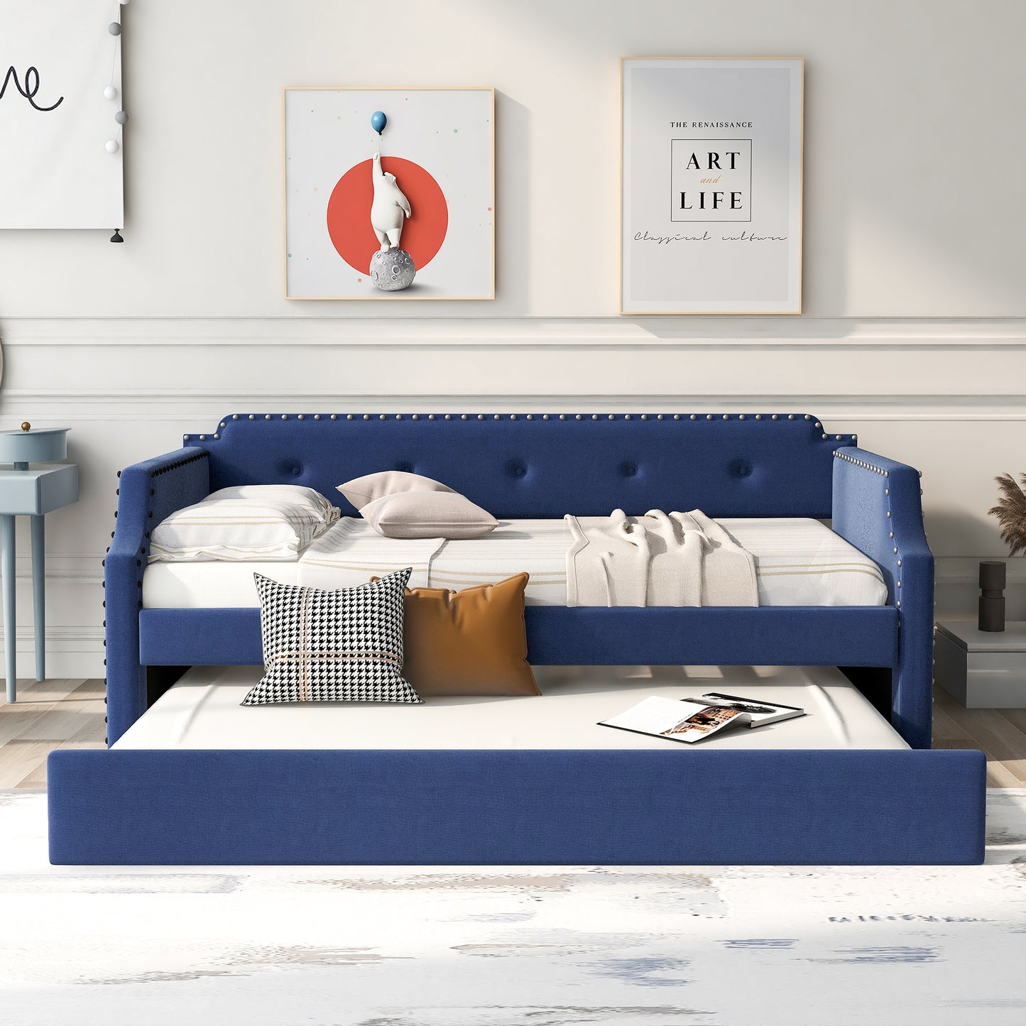 WM Store Contemporary Twin Size Blue Linen Daybed & Trundle