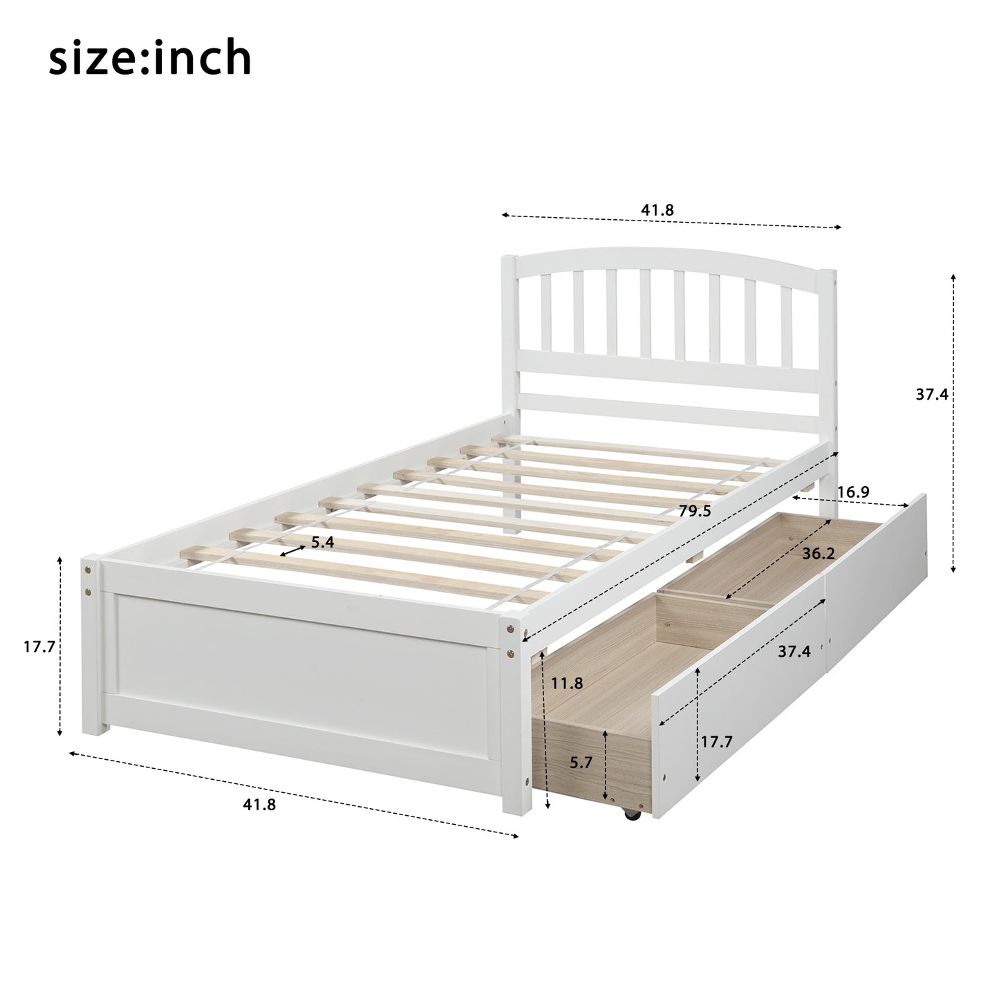 Homey Life Twin Platform Storage Bed with Two Drawers in White