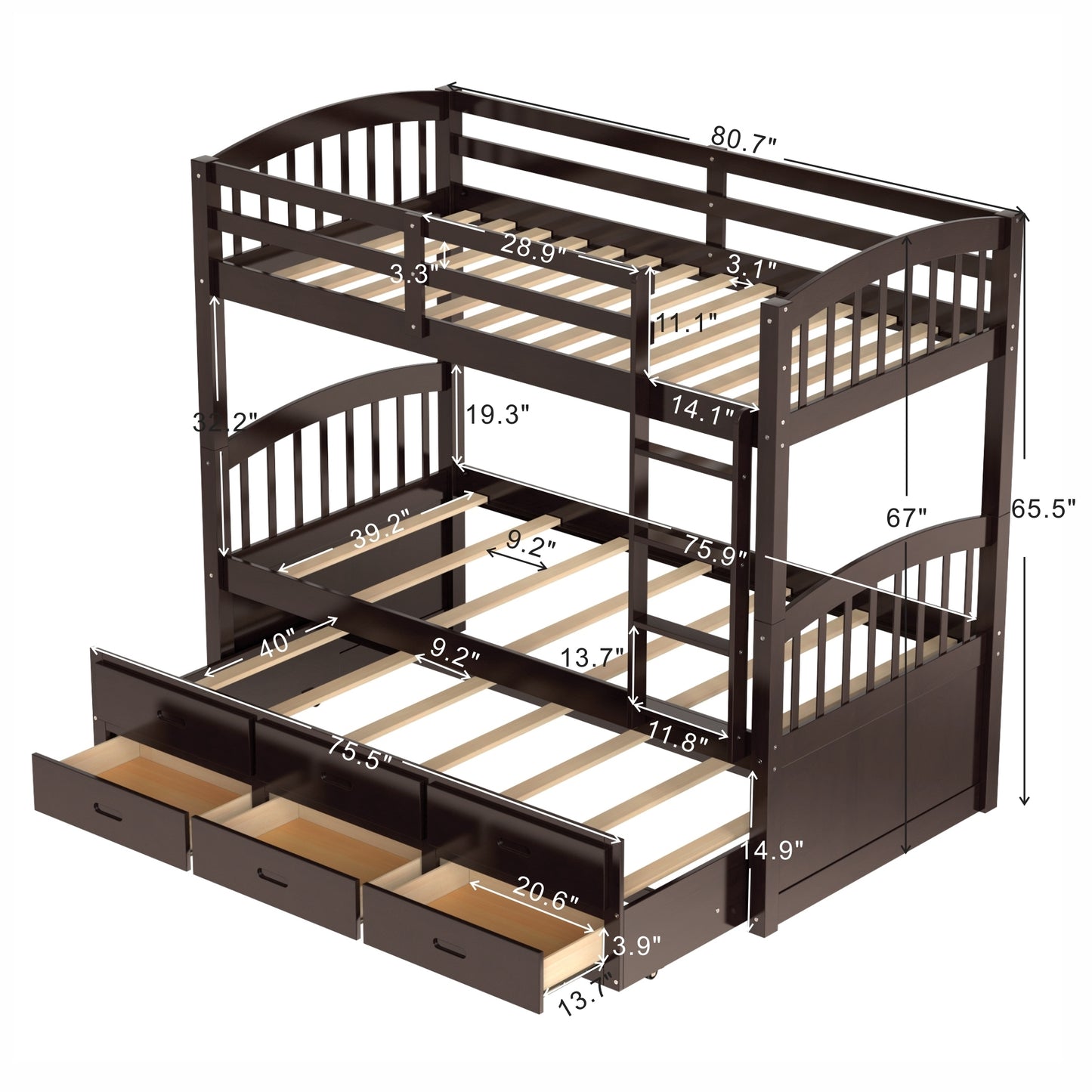 Jensen Twin over Twin Wood Bunk Bed with Trundle and Drawers, Espresso