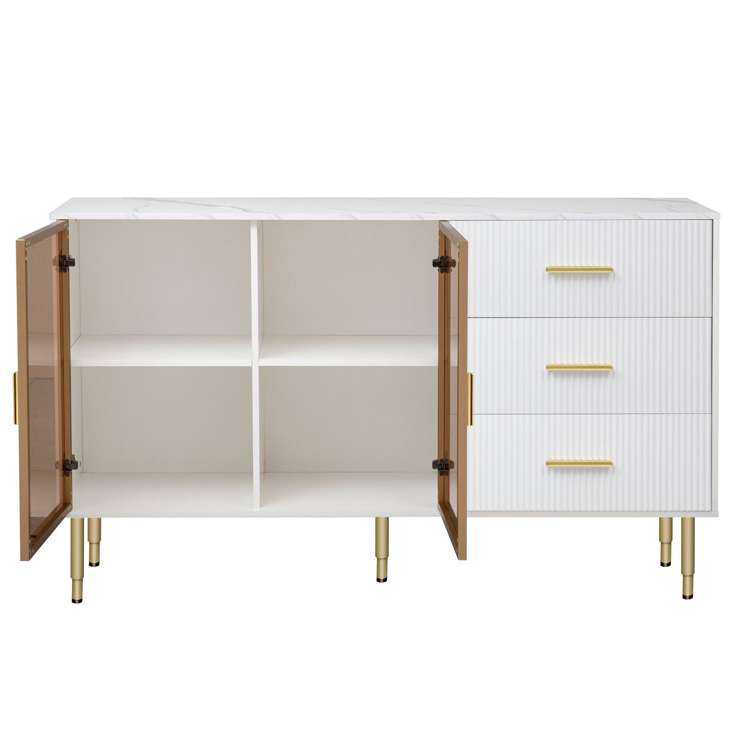 TREXM Modern Sideboard Cabinet Marble Sticker Tabletop and Amber-Yellow Tempered Glass Doors with Gold Metal Legs & Handles White