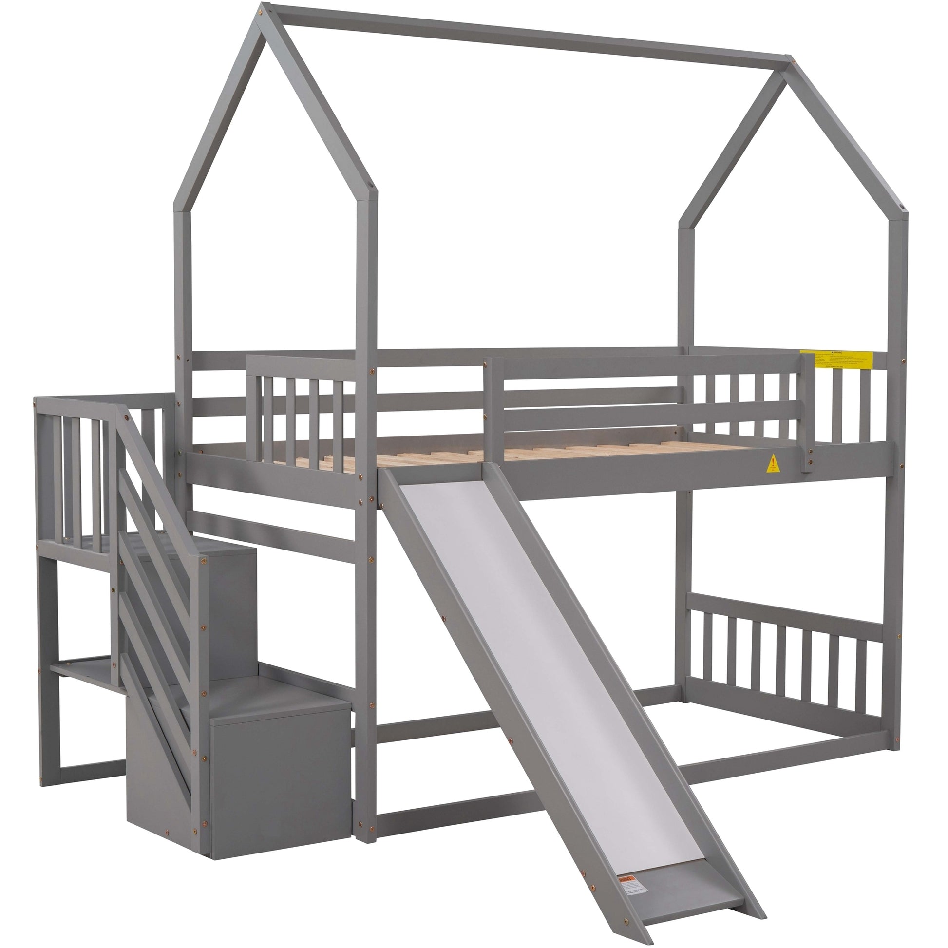 WM Store Twin over Twin House Bunk Bed with Convertible Slide,Storage Staircase can be Placed Left or Right,Gray