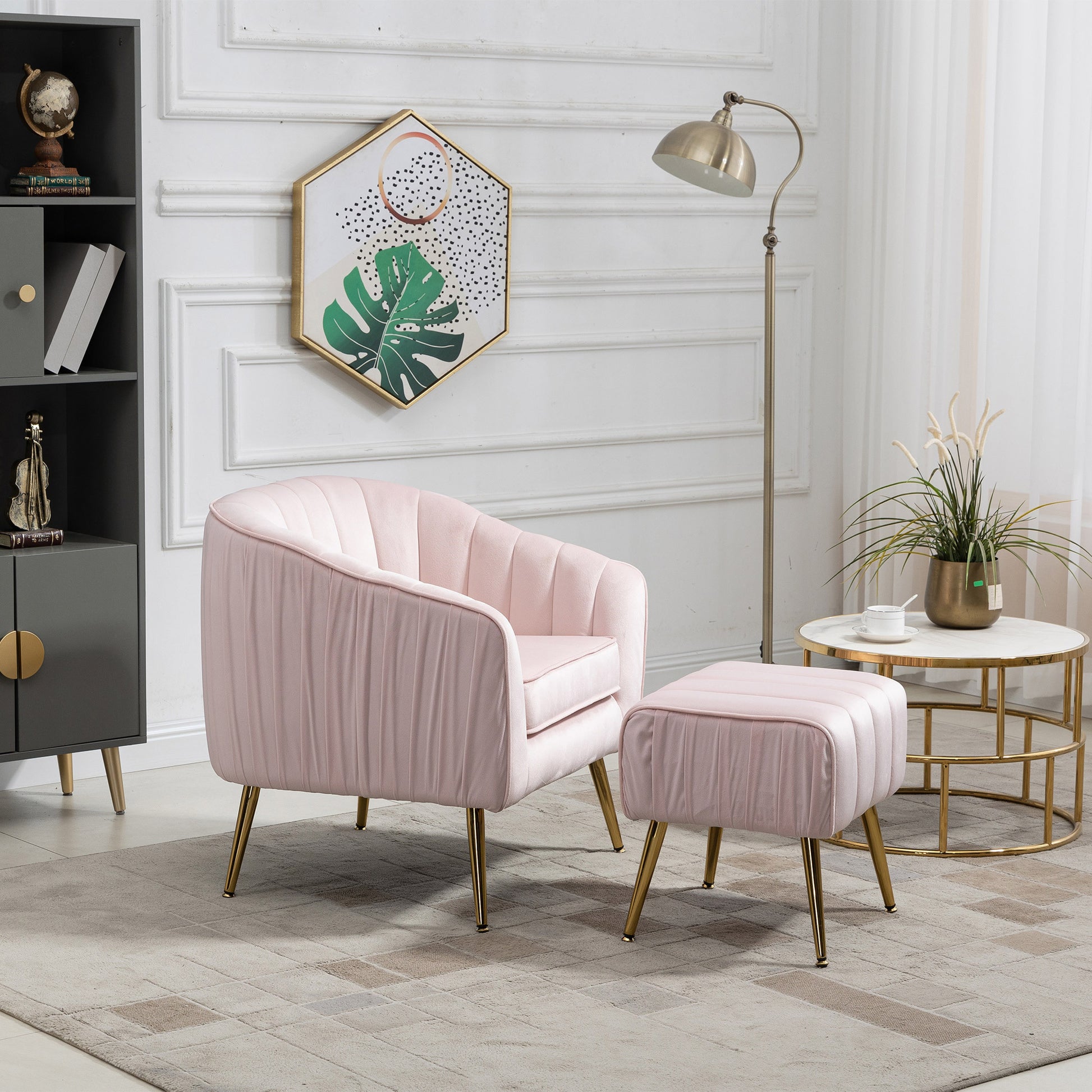 Velvet Accent Chair with Ottoman Set in Pink