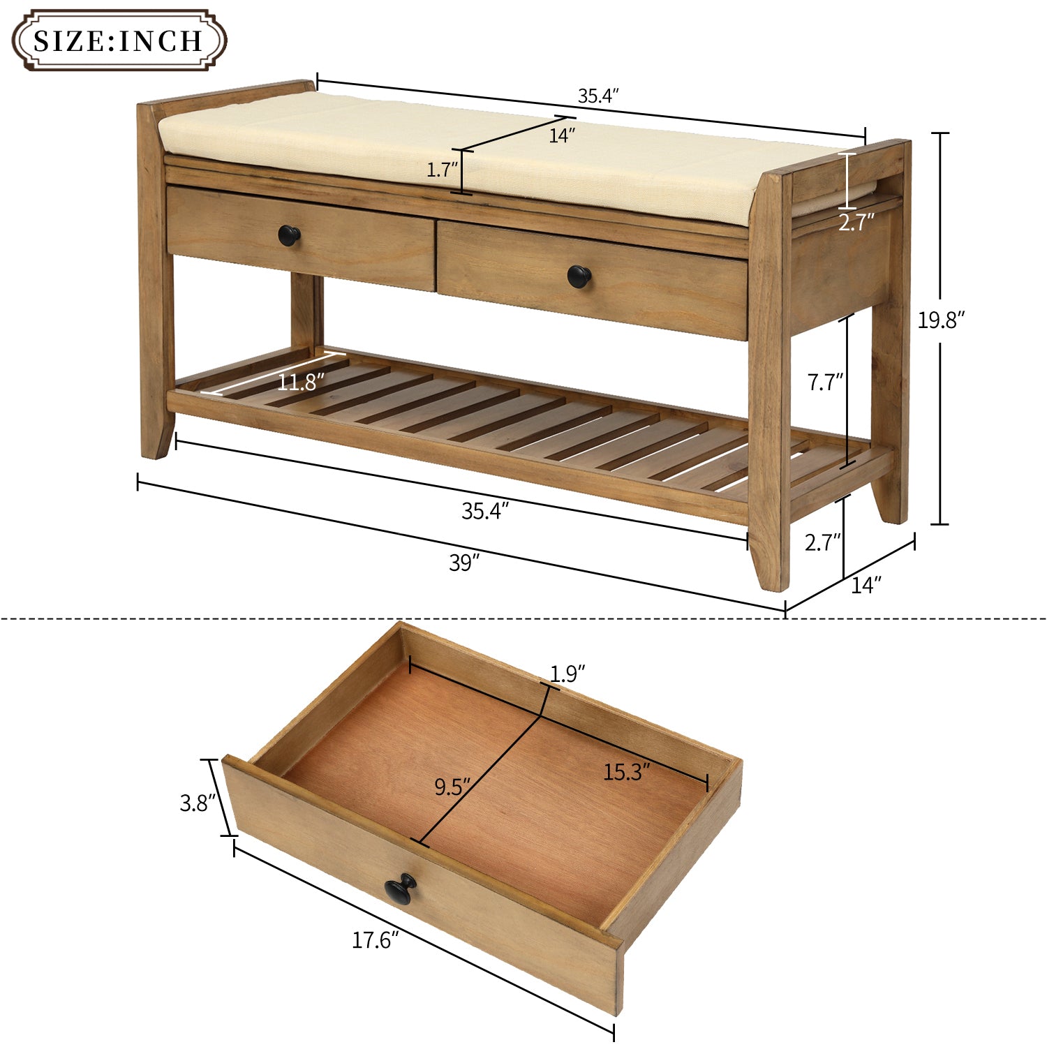 TREXM Entryway Storage Bench with Shoe Rack - Old Pine