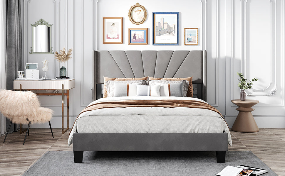 Queen Size Velvet Upholstered Bed- Gray