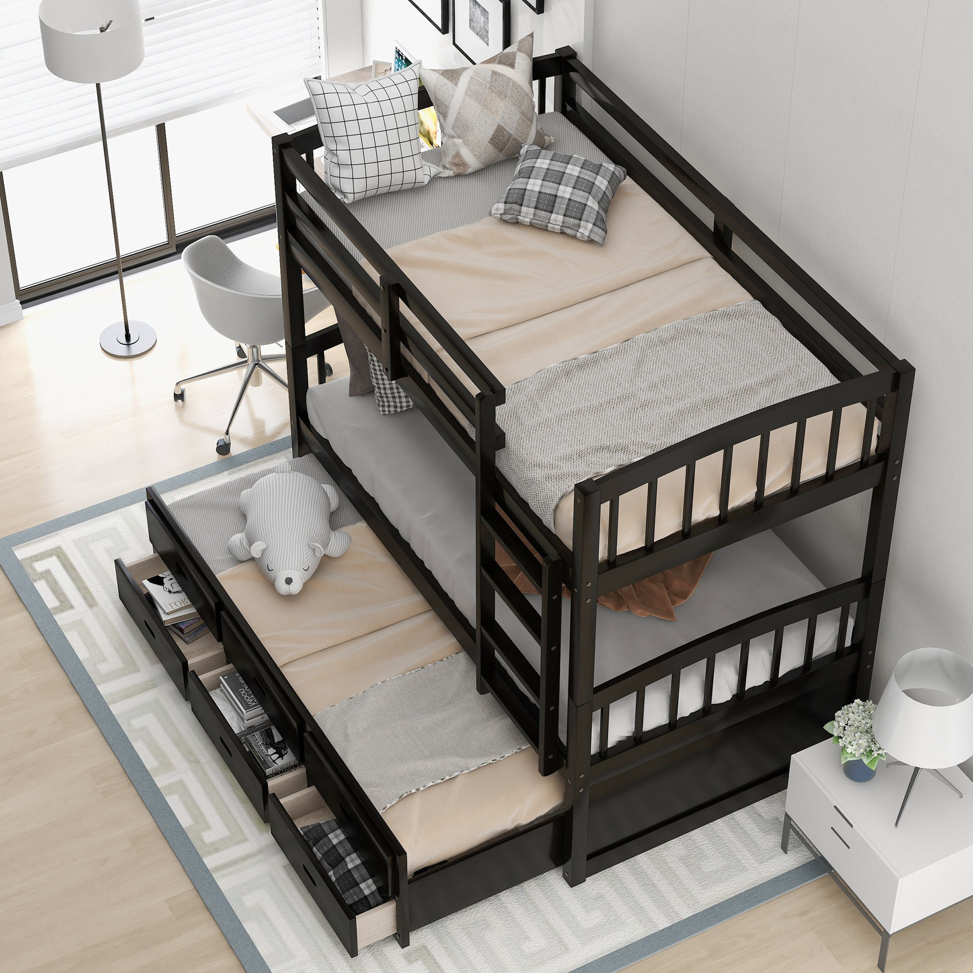 Jensen Twin over Twin Wood Bunk Bed with Trundle and Drawers, Espresso