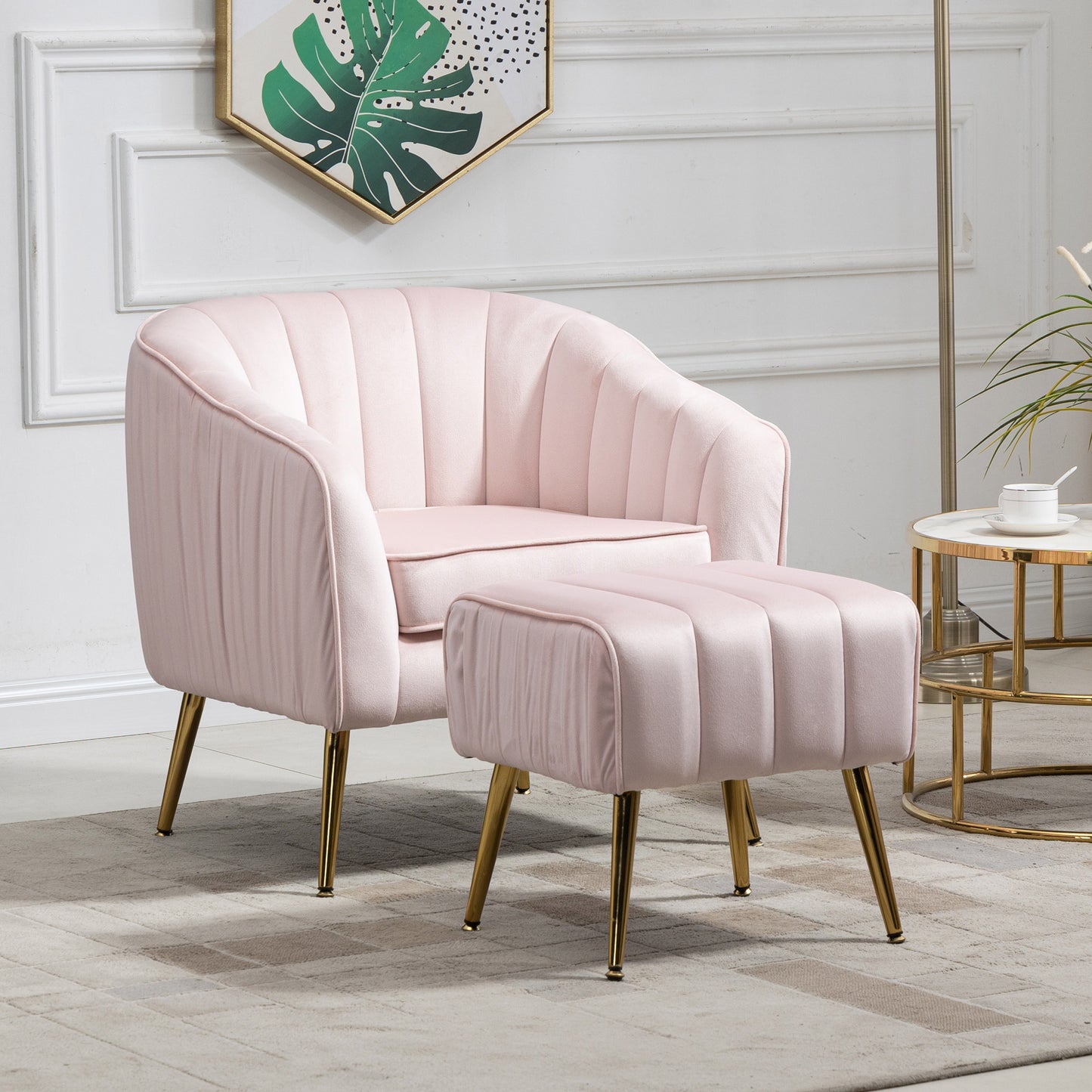 Velvet Accent Chair with Ottoman Set in Pink