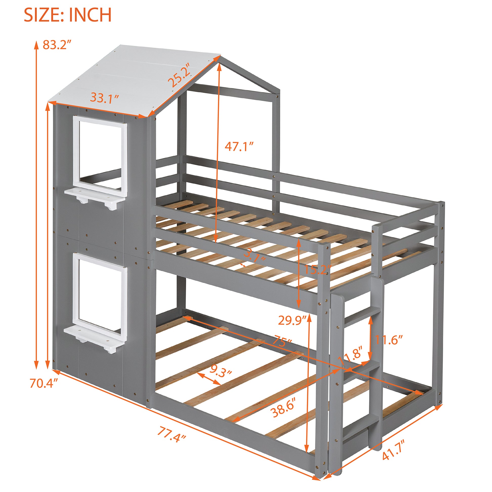 Homey Life Twin Over Twin Bunk Bed Wood Bed with Roof, Window, Guardrail, Ladder Gray & White