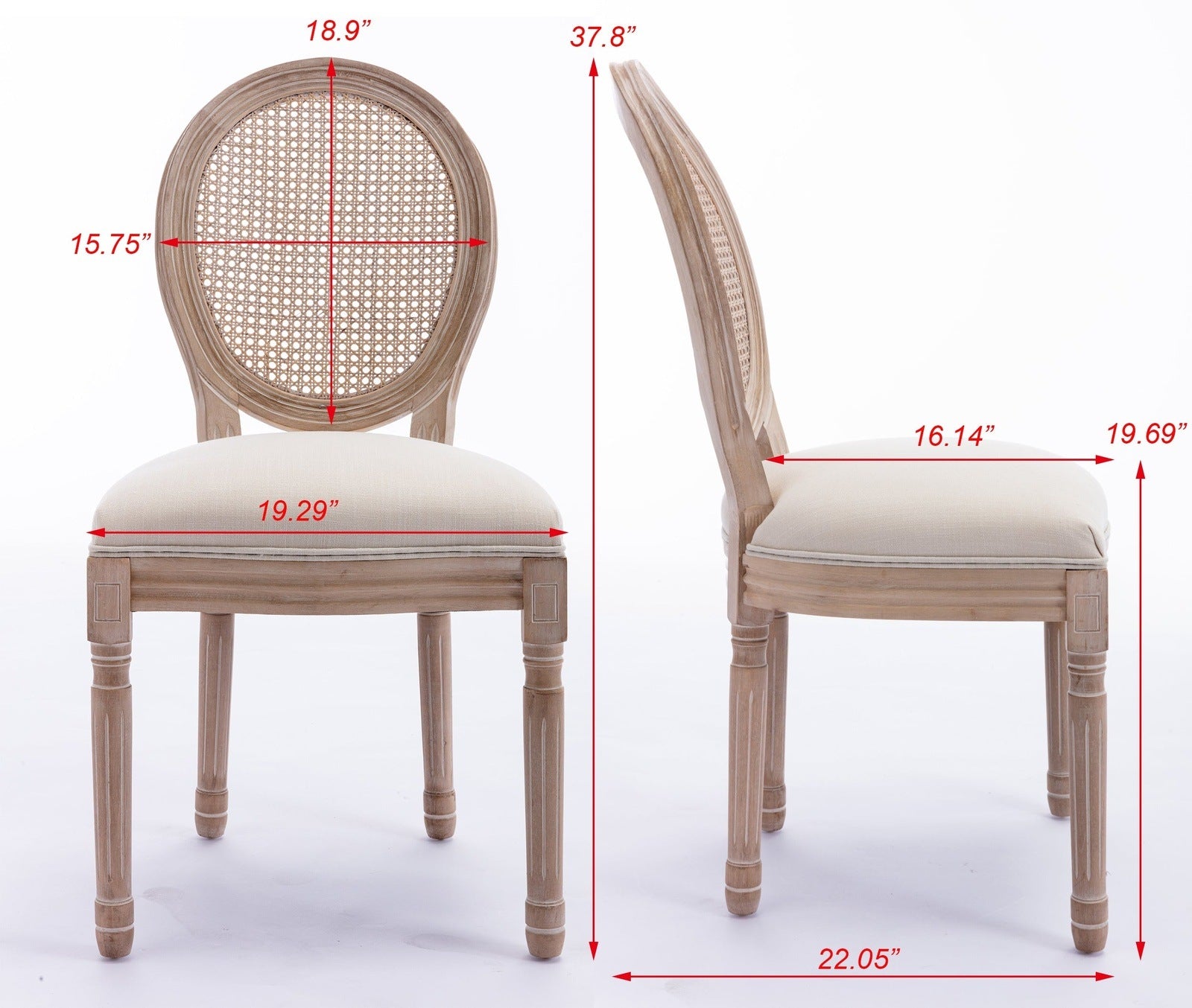 WeeHaa French Style Solid Wood Frame Antique Painting Linen Fabric Rattan Back Dining Chair,Set of 2,Cream