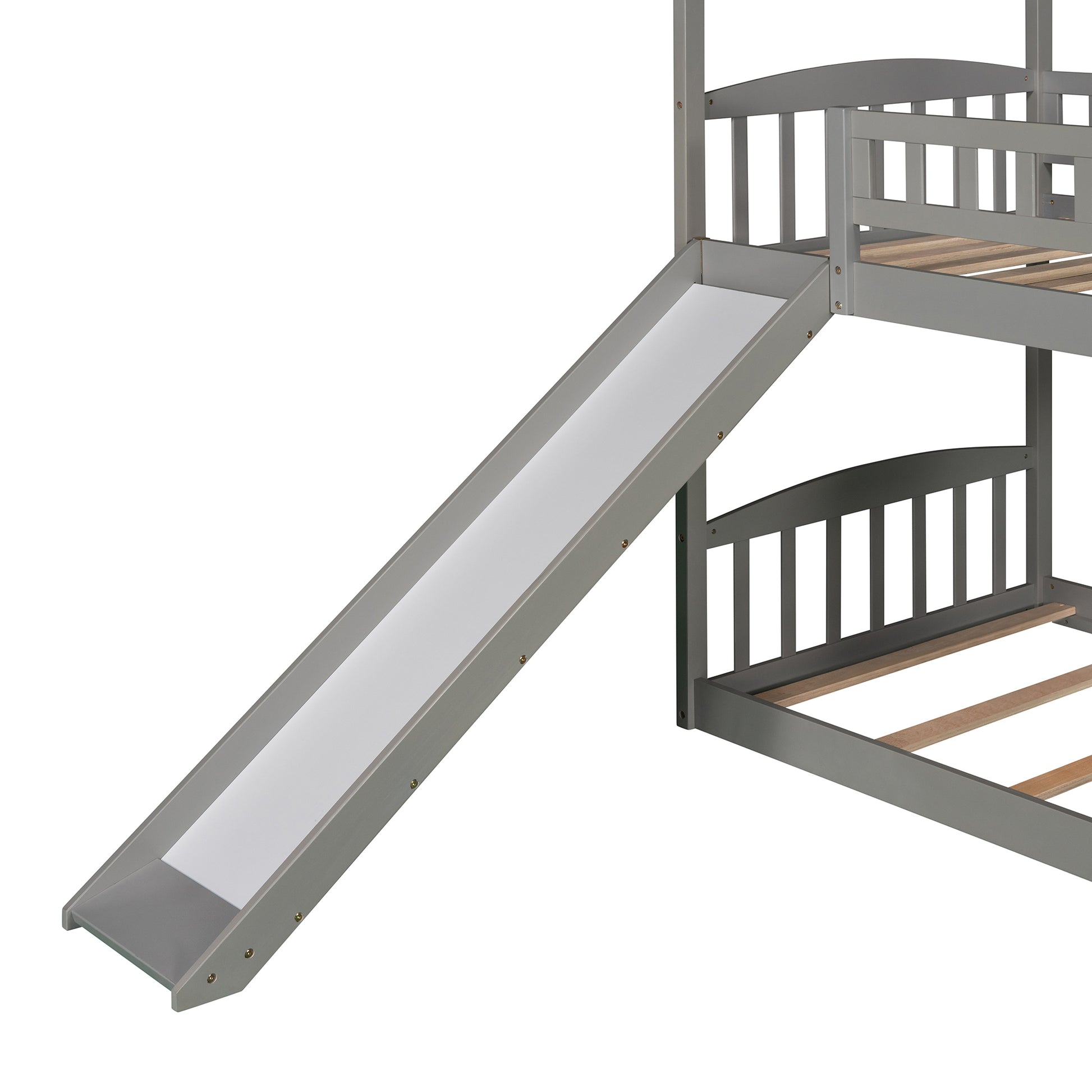 Twin Over Twin Bunk Bed with Slide, House Bed with Slide, Gray