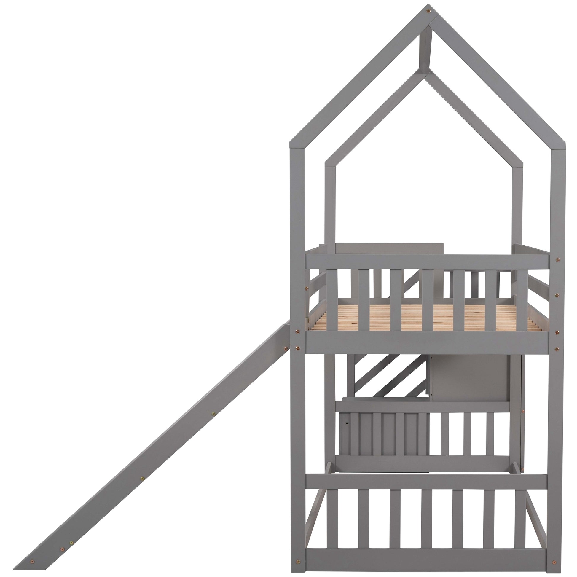 WM Store Twin over Twin House Bunk Bed with Convertible Slide,Storage Staircase can be Placed Left or Right,Gray