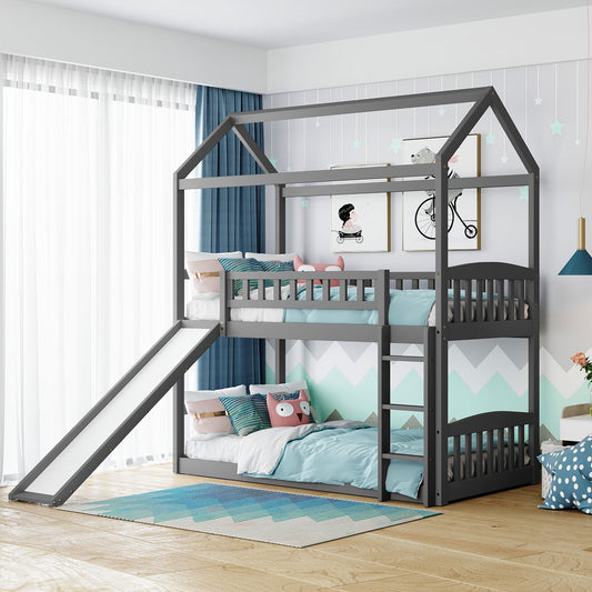 Twin Over Twin Bunk Bed with Slide, House Bed with Slide, Gray