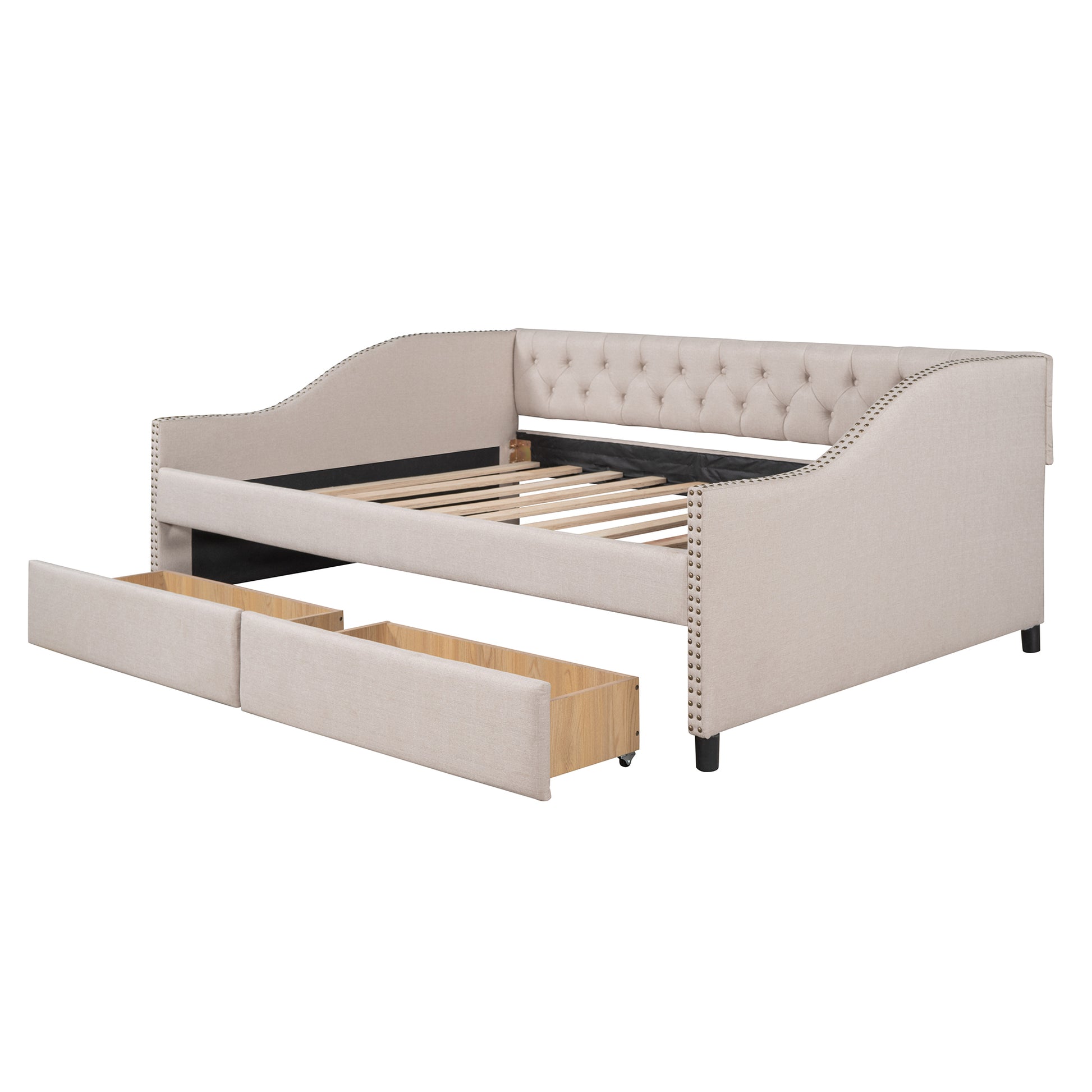 Upholstered daybed with Two Drawers, Wood Slat Support, Beige, Full Size