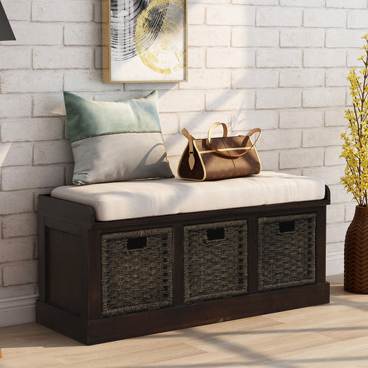 TREXM Rustic Storage Bench with 3 Removable Classic Rattan Basket - Espresso