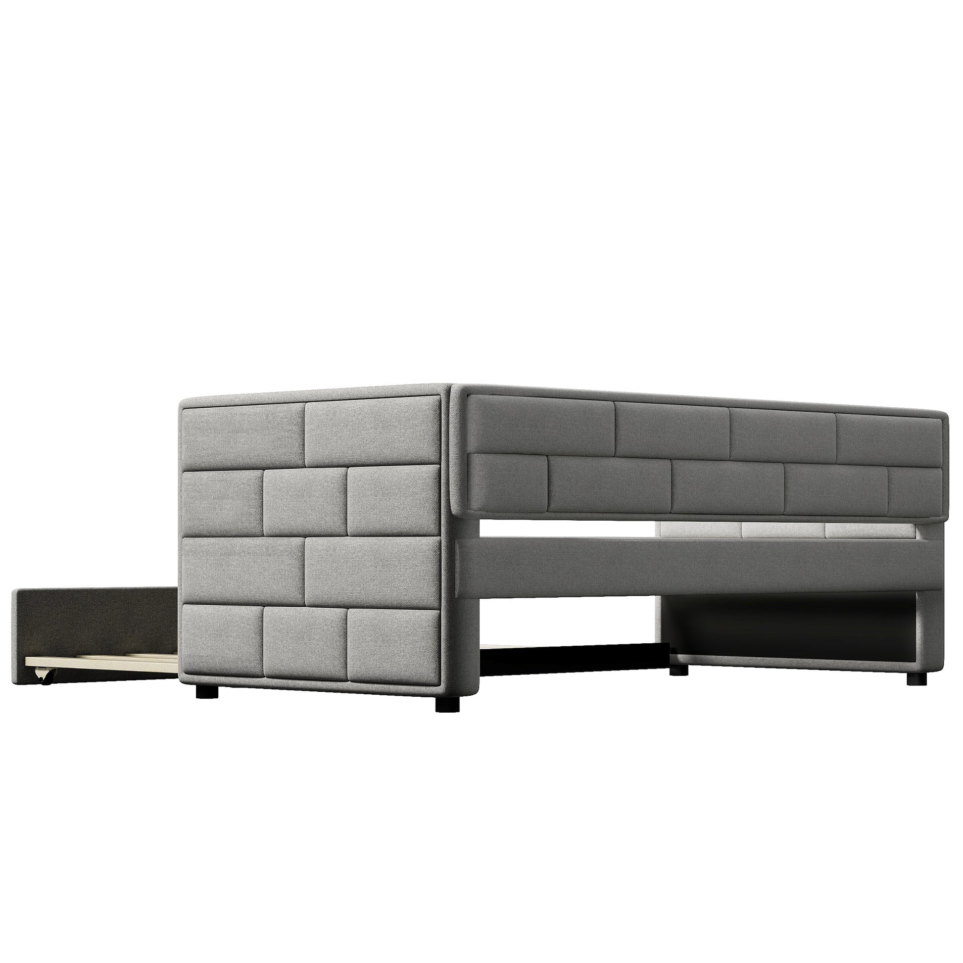 WM Store Twin Size Daybed with Trundle in Cube Tufted Gray Upholstery