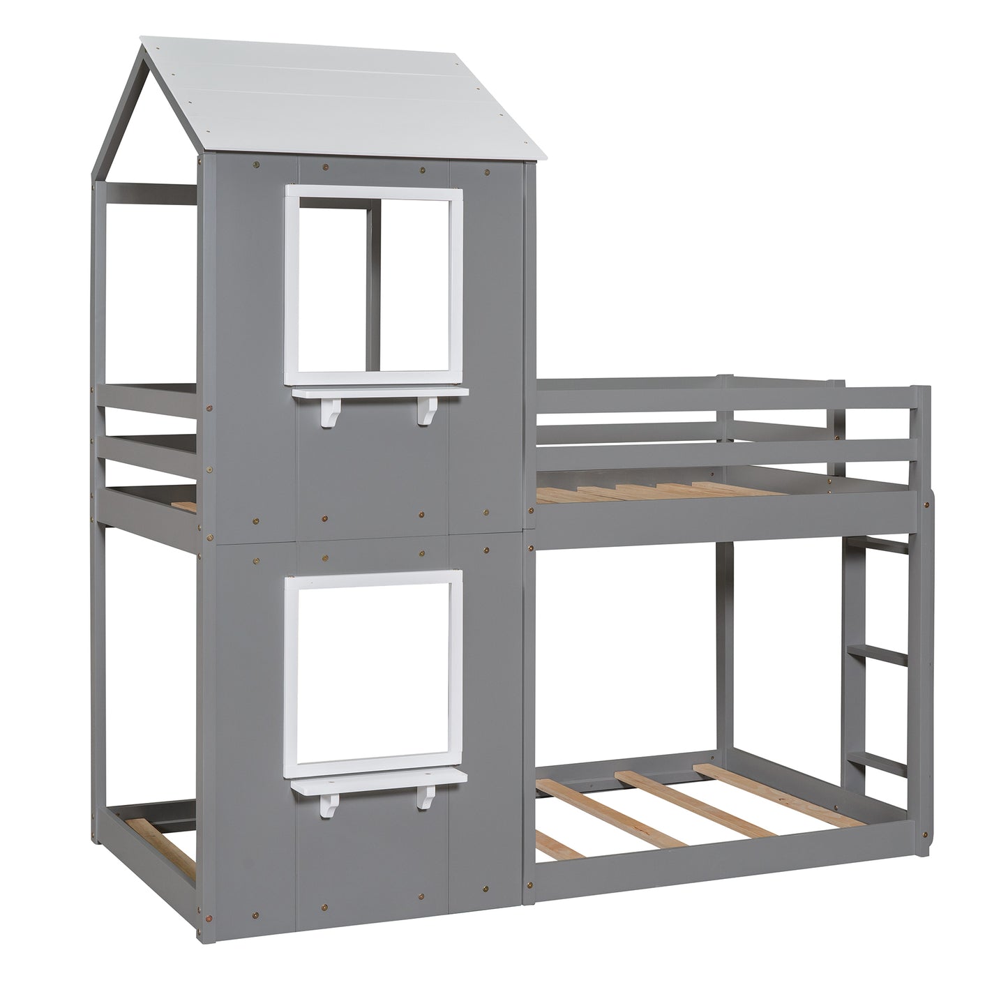 Homey Life Twin Over Twin Bunk Bed Wood Bed with Roof, Window, Guardrail, Ladder Gray & White