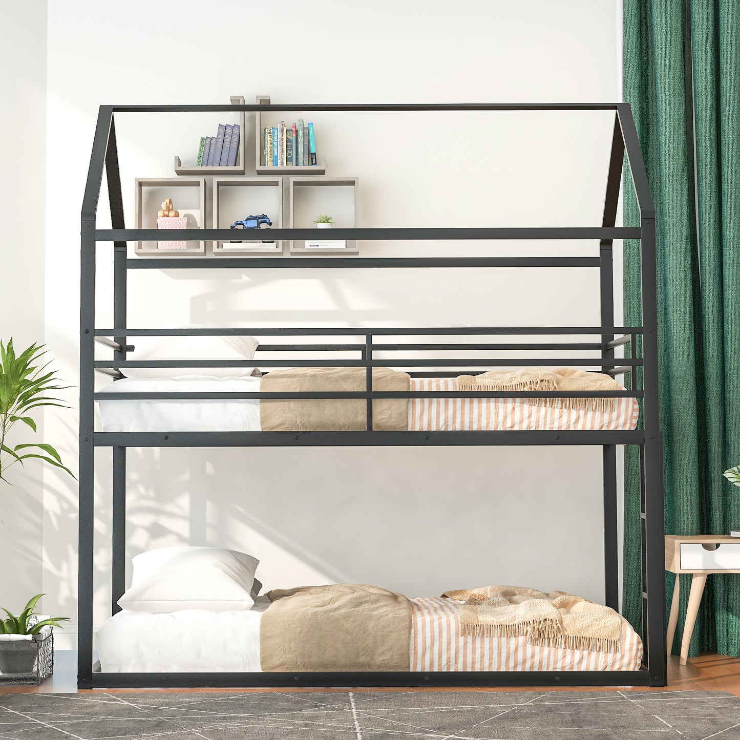 Homey Life Twin over Twin Black Metal House Theme Bunk Bed