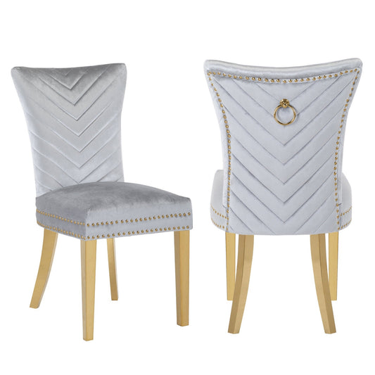 Eva Transitional Velvet Dining Chair with Gold Legs in Silver Set of 2